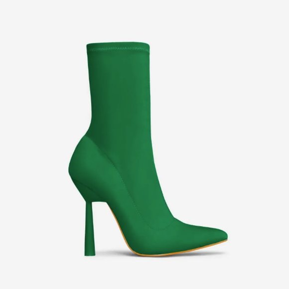 BROOKS POINTED TOE SCULPTURED ROUND HEEL ANKLE SOCK BOOT IN GREEN LYCRA - Picture 1 of 7